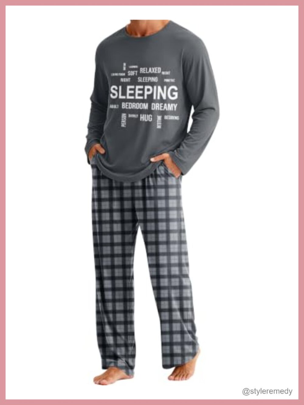 Mens Long Sleeve Pajama Set Plaid Pants Loungewear Sleepwear with Pockets